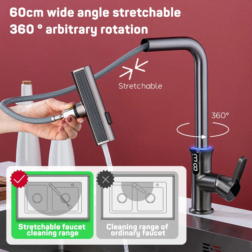 Afralia™ Digital Display Waterfall Kitchen Sink Faucet with Pull Out Sprayer