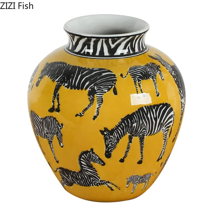 Afralia Zebra Yellow Vase with Artificial Flowers for Desk Decoration