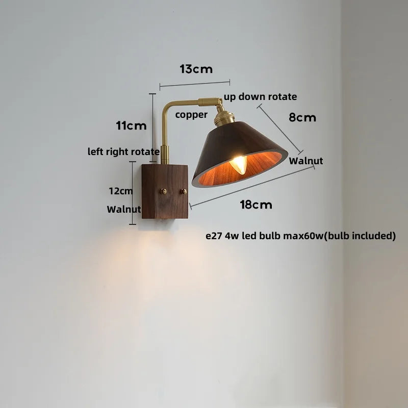 Afralia™ Walnut Wood LED Wall Lamp Sconce with Pull Chain Switch Rotation Mirror Light