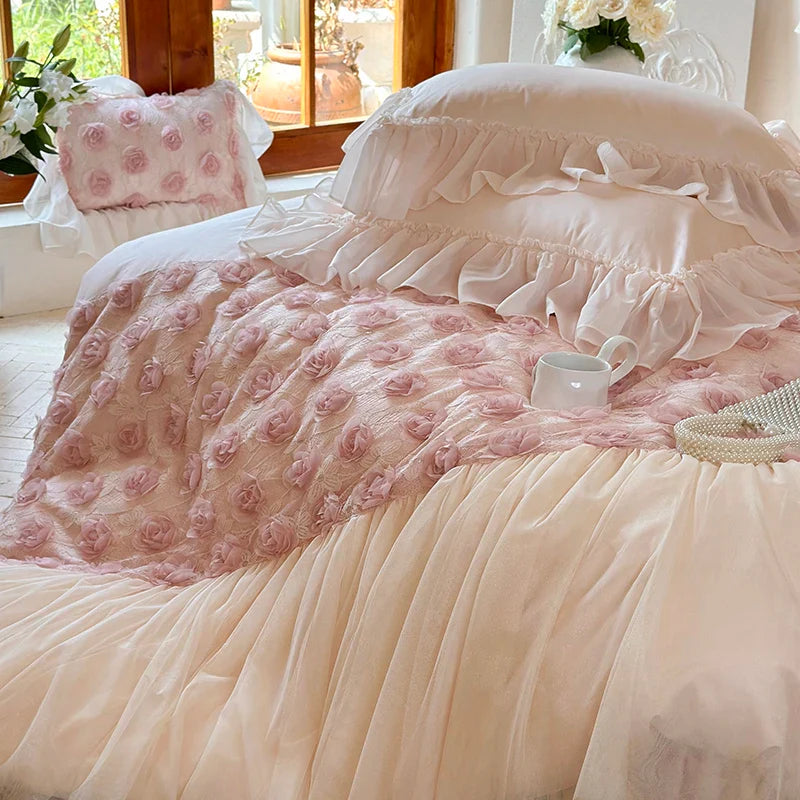Afralia™ Pink Rose Flowers Lace Ruffles Princess Wedding Bedding Set