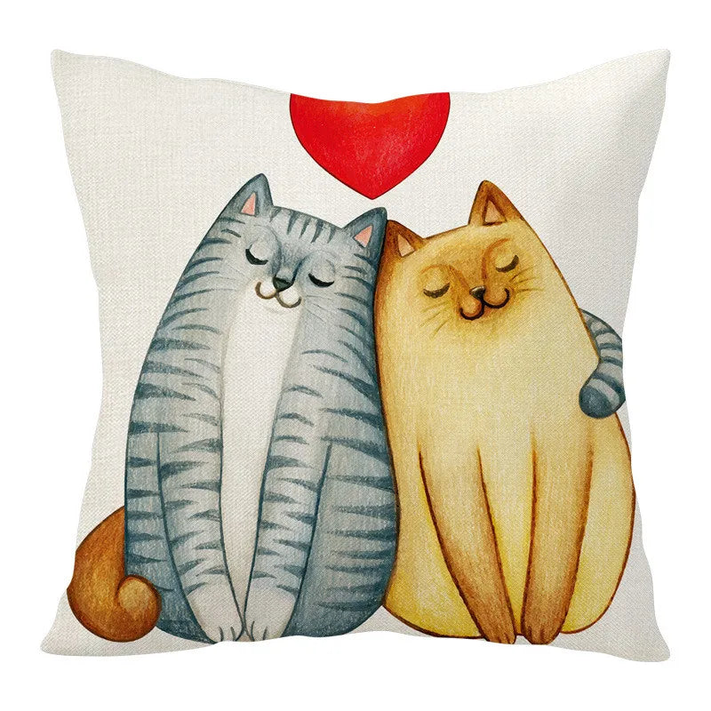 Afralia™ Cartoon Cat Linen Pillowcase 45x45cm Couple Love Cushion Covers for Living Room