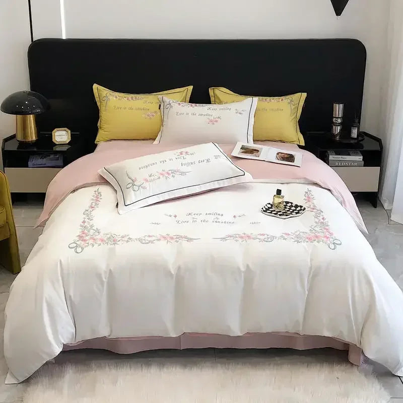 Afralia™ Flower Embroidery Cotton Duvet Cover Set, Queen/King Size Bedding Set with Sheets