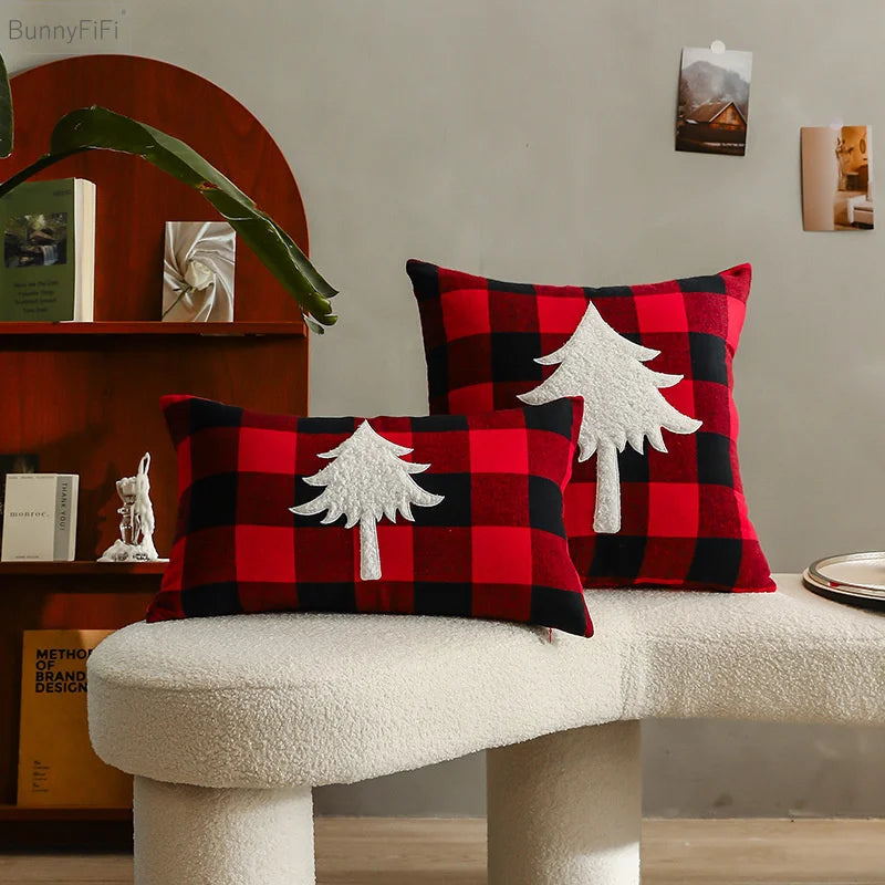 Afralia™ Christmas Plaid Cushion Cover in Red Black Check for Home Sofa Bed