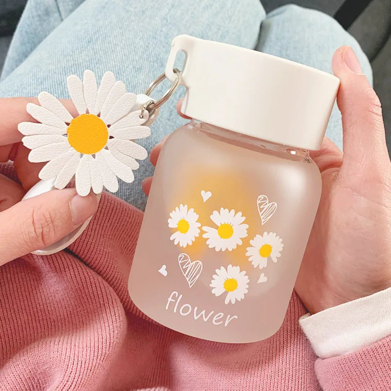 Afralia™ Daisy Flower Glass Water Bottle Portable Tumbler 350ML