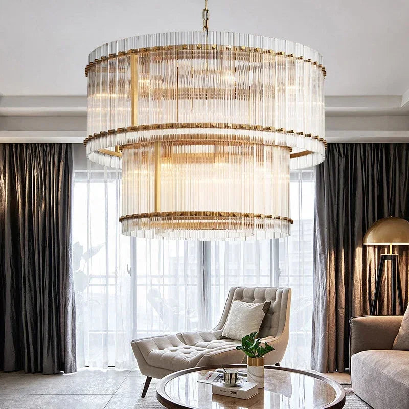 Afralia™ Gold Double Layer Ring Crystal Pendant Light for Bedroom Dining Living Room