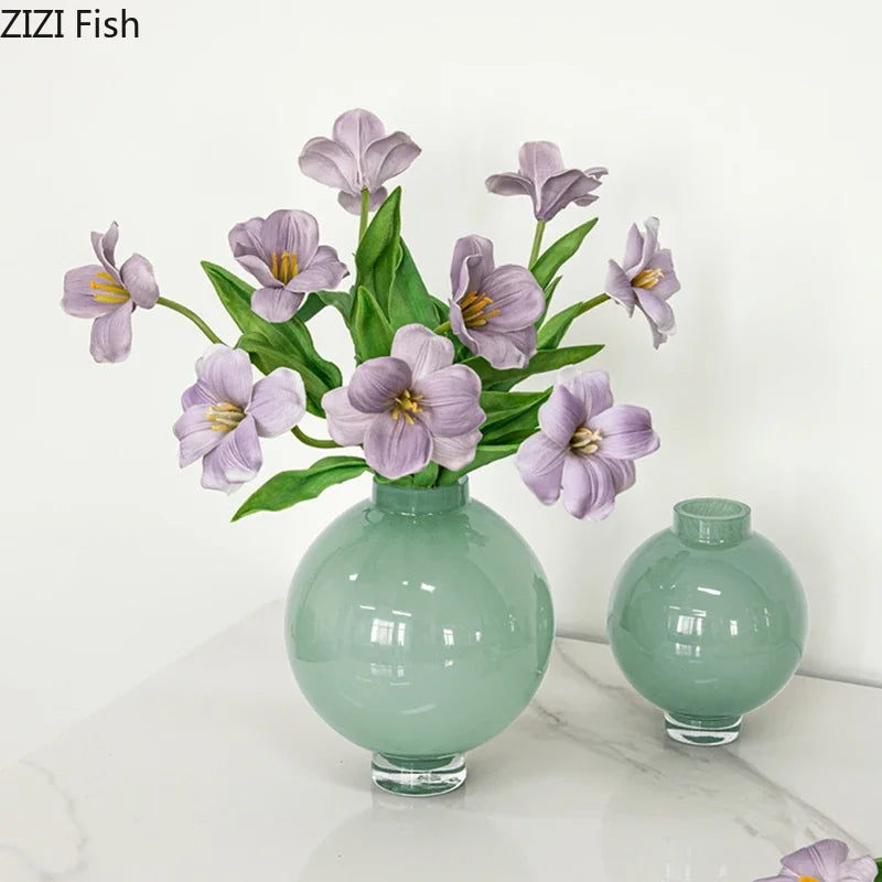 Afralia™ Round Green Glass Vase for Hydroponics & Floral Arrangement