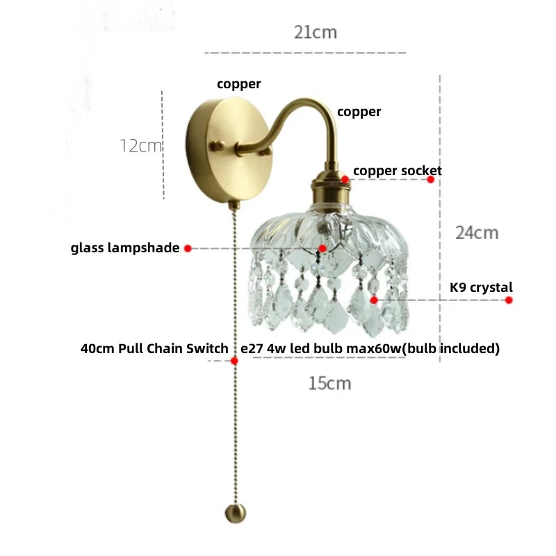 Afralia™ Nordic LED Wall Light with Pull Chain Switch, Crystal Glass Bedside Lamp