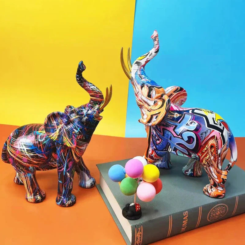 Afralia™ Splatter Art Elephant Decor Statue, Colorful Resin Animals, Desk Collection Display