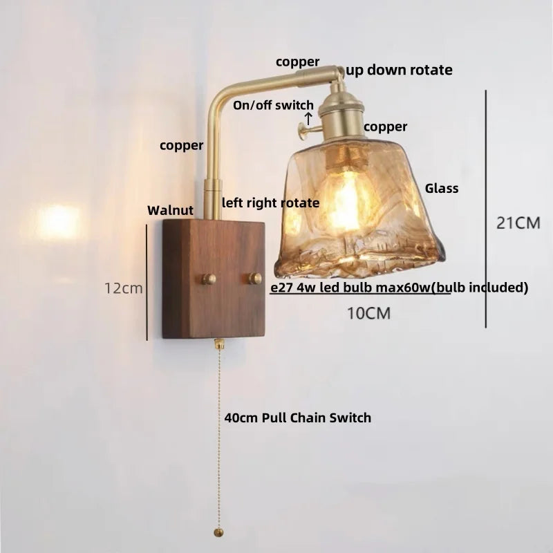 Afralia™ Walnut Wood LED Wall Sconce with Pull Chain Switch, Rotating Vanity Mirror Light