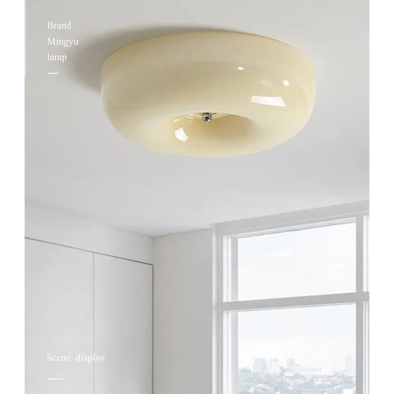 Afralia™ Cream Bauhaus Style Ceiling Lamp for Bedroom with Medieval French Glass