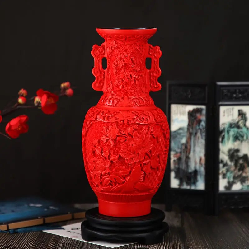 Afralia™ 10-inch Red Lacquerware Flower Auspicious Vase