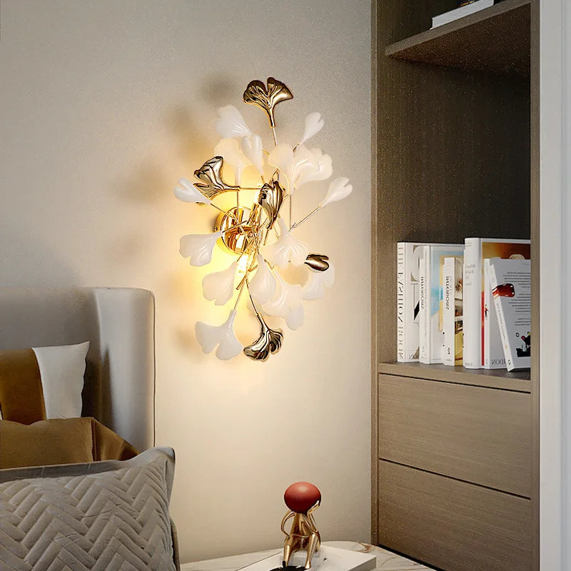 Afralia™ Leaf Ceramic LED Wall Sconce, Romantic Bedroom Lamp, Gold Metal Art Decor