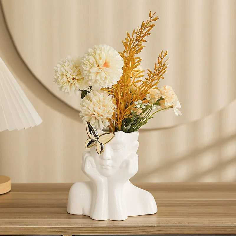 Afralia™ Ceramic Human Face Vase for Floral Arrangement and Home Decor