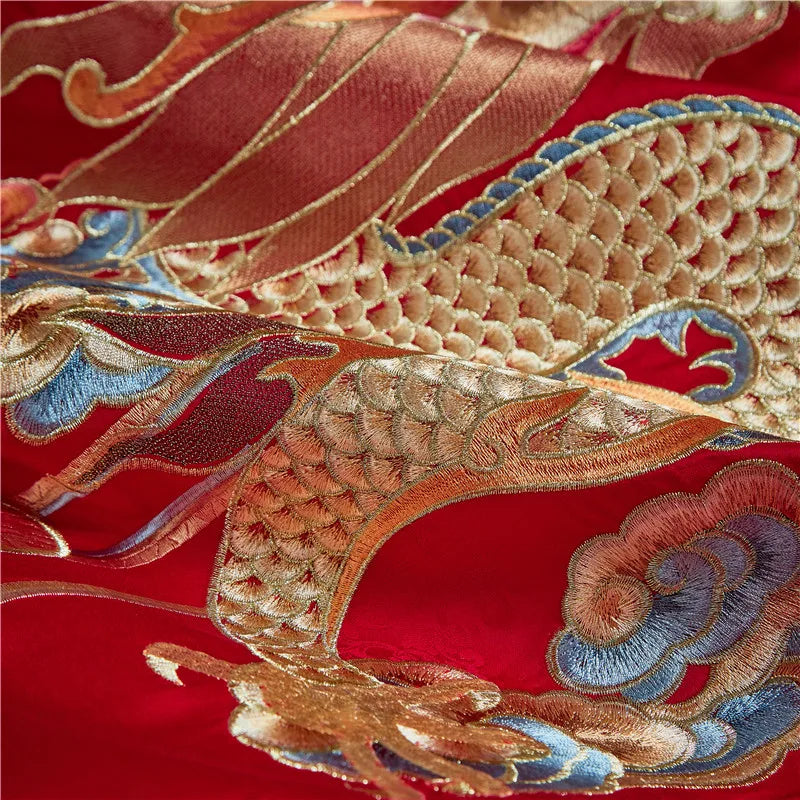 Afralia™ Red Chinese Wedding Luxury Bedding Set with Dragon Phoenix Embroidery