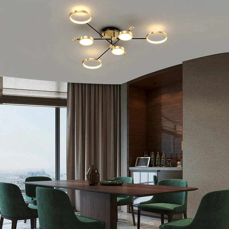 Afralia™ Modern LED Chandelier Gold Black Ceiling Light Dimmable Remote Control Nordic Style