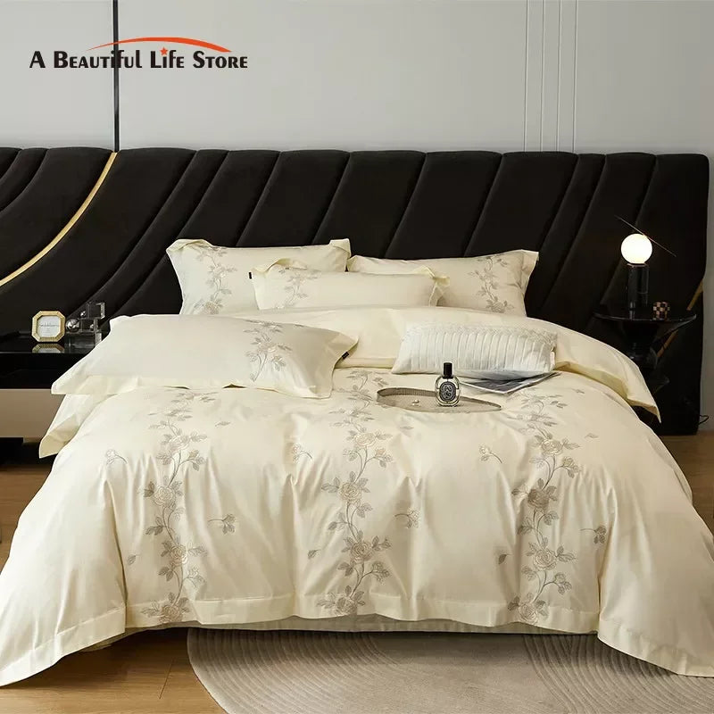 Afralia™ Rose Flowers Embroidery Luxury Egyptian Cotton Bedding Set