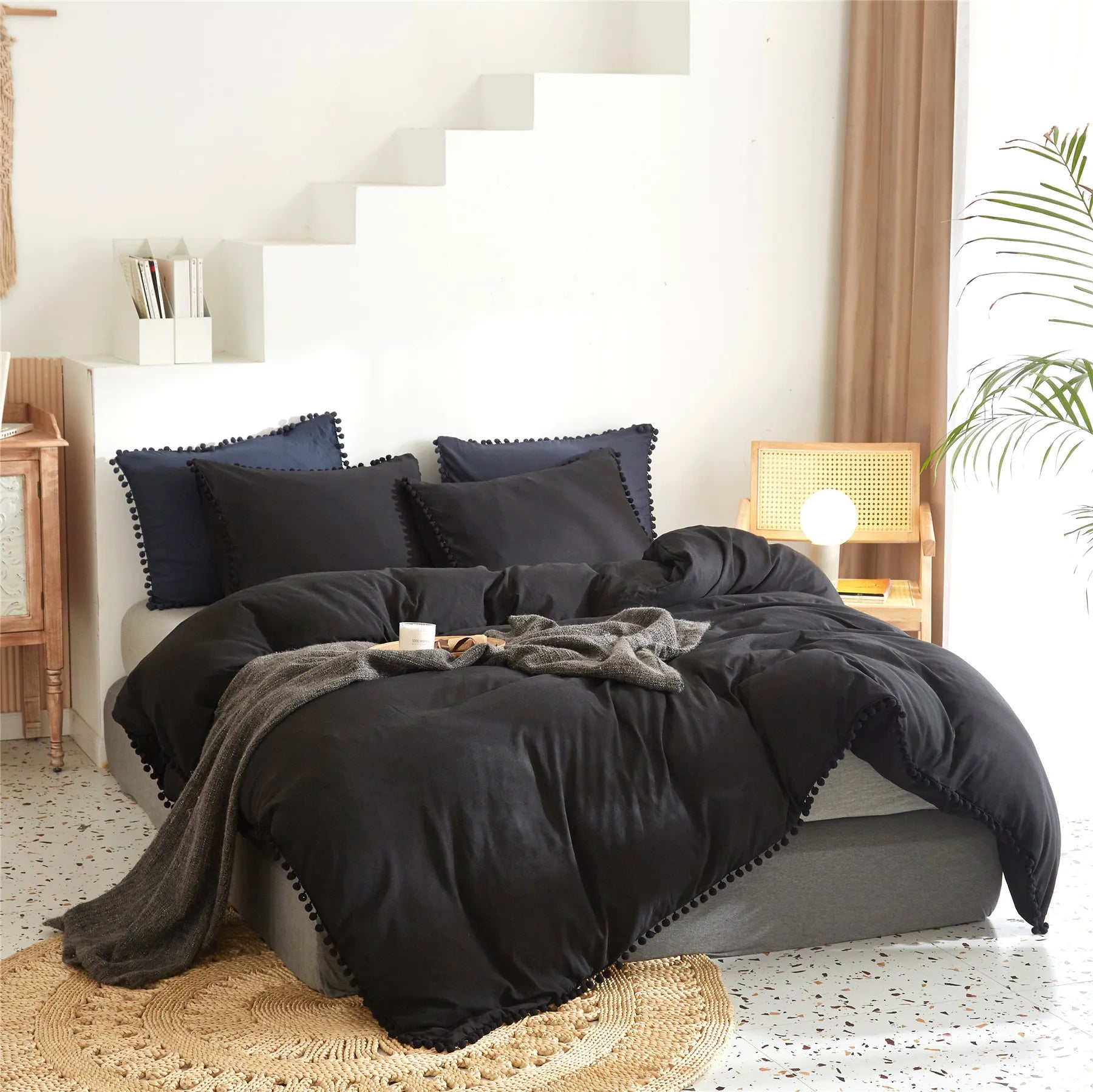 Afralia™ Pom-Pom Duvet Cover Set with Solid Color Design, Available in Various Sizes.