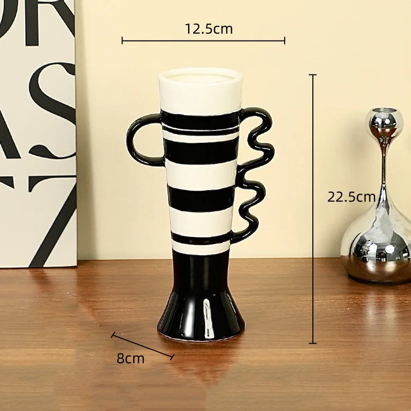 Afralia™ Ceramic Geometric Fringe Vase with Wavy Handle - Home Décor Handicraft
