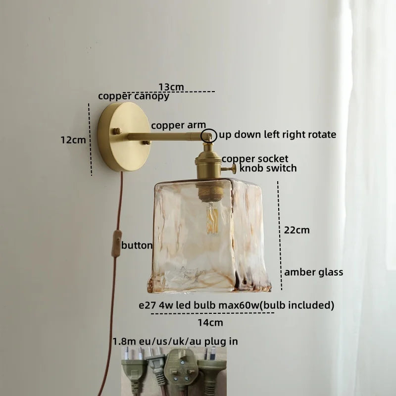 Afralia™ Glass Copper LED Wall Lamp with Knob Switch for Modern Home Decor
