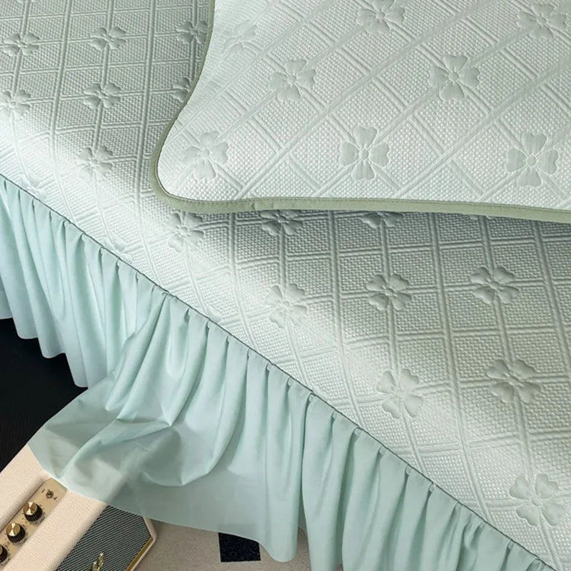 Afralia™ Ice Bean Jacquard Bed Skirt Set - 3 Piece, Summer Washed Mattress Mat