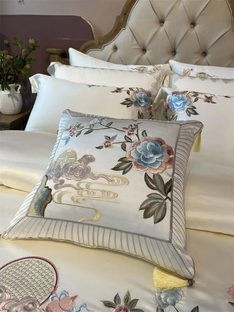 Afralia™ Luxe Peony Embroidered Bedding Set with Egyptian Cotton, Duvet Cover, Sheet, Pillowcase