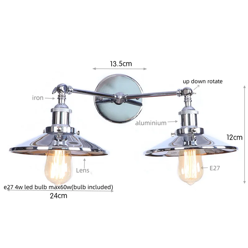 Afralia™ Vintage Gold Industrial Wall Lights with Pull Chain Switch and 2 Heads