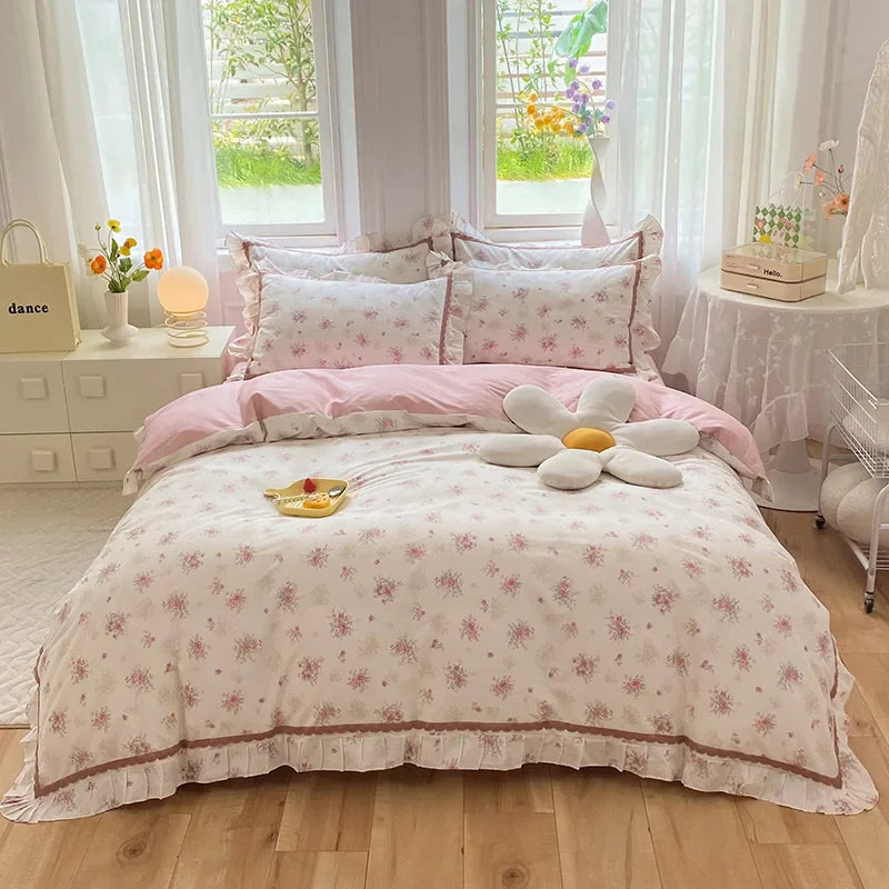 Afralia™ Princess Floral Cotton Bedding Set with Ruffled Edge