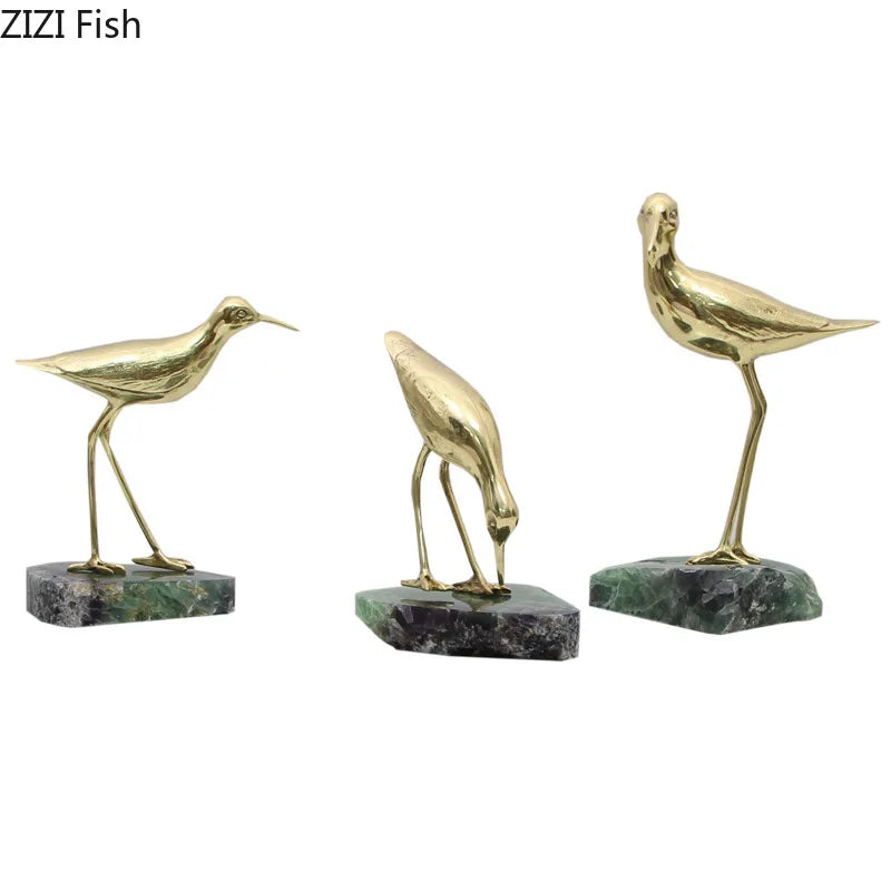 Afralia™ Golden Brass Bird on Marble Base Desk Ornament Statue Artwork Decor