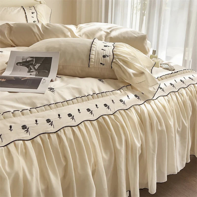 Afralia™ Rose Flowers Embroidery Lace Ruffles Princess Bedding Set with Egyptian Cotton
