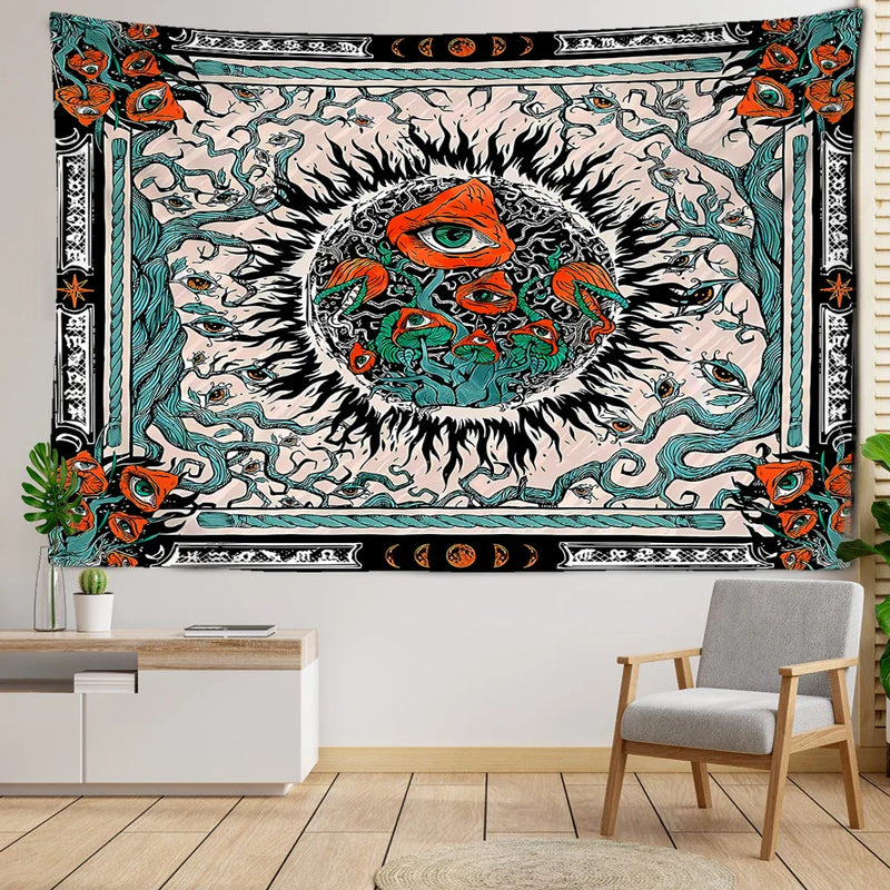 Orange Eyed Mushroom Sun Tapestry - Afralia™ Abstract Psychedelic Room Decor