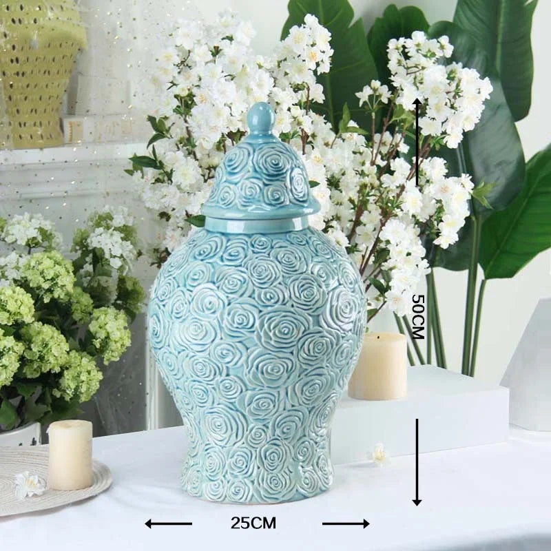 Afralia™ Checkmate Porcelain Ginger Jar with Rose Relief, Storage & Vase