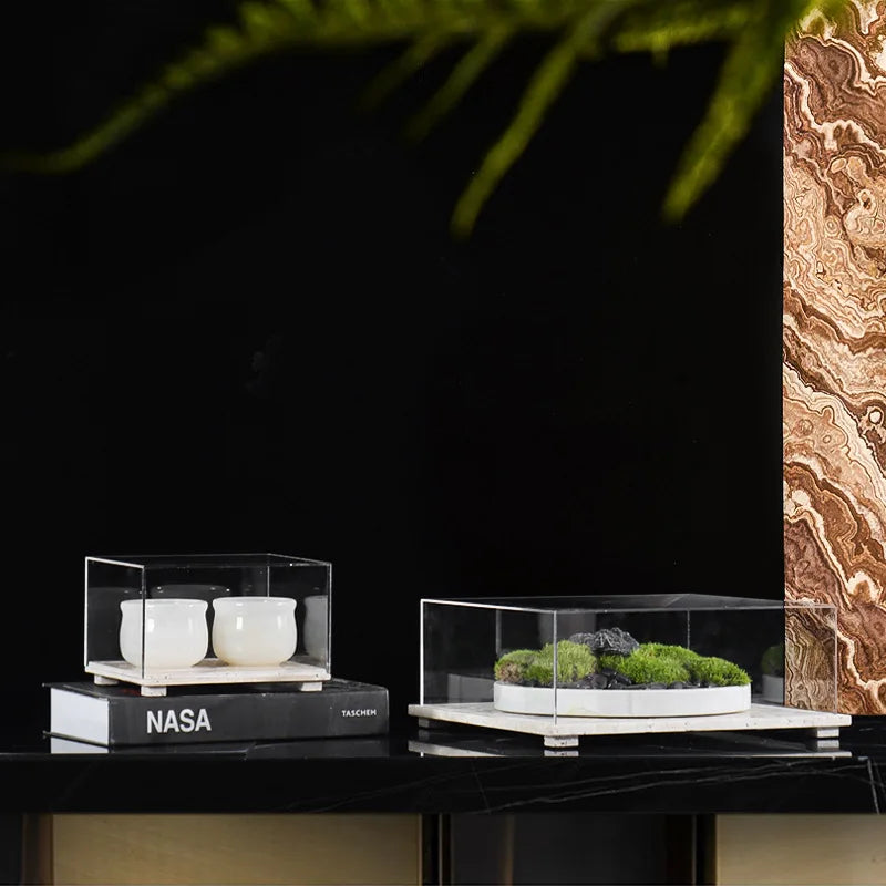 Acrylic Display Case on Travertine Base by Afralia™ for Collectibles, Figurines, Desserts