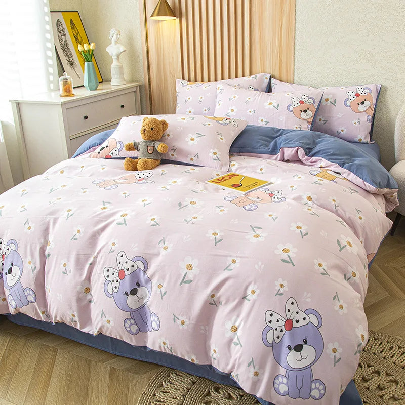 Afralia™ Cute Cat Bear Print Bedding Set - Single Queen, Fashionable Design for Boys & Girls