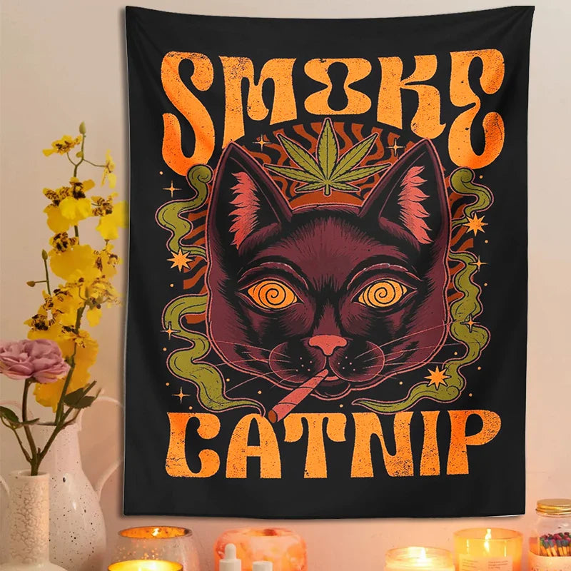 Afralia™ Smoke Catnip Tapestry Wall Hanging Tarot Cat Mysterious Divination Witchcraft Dorm Decor