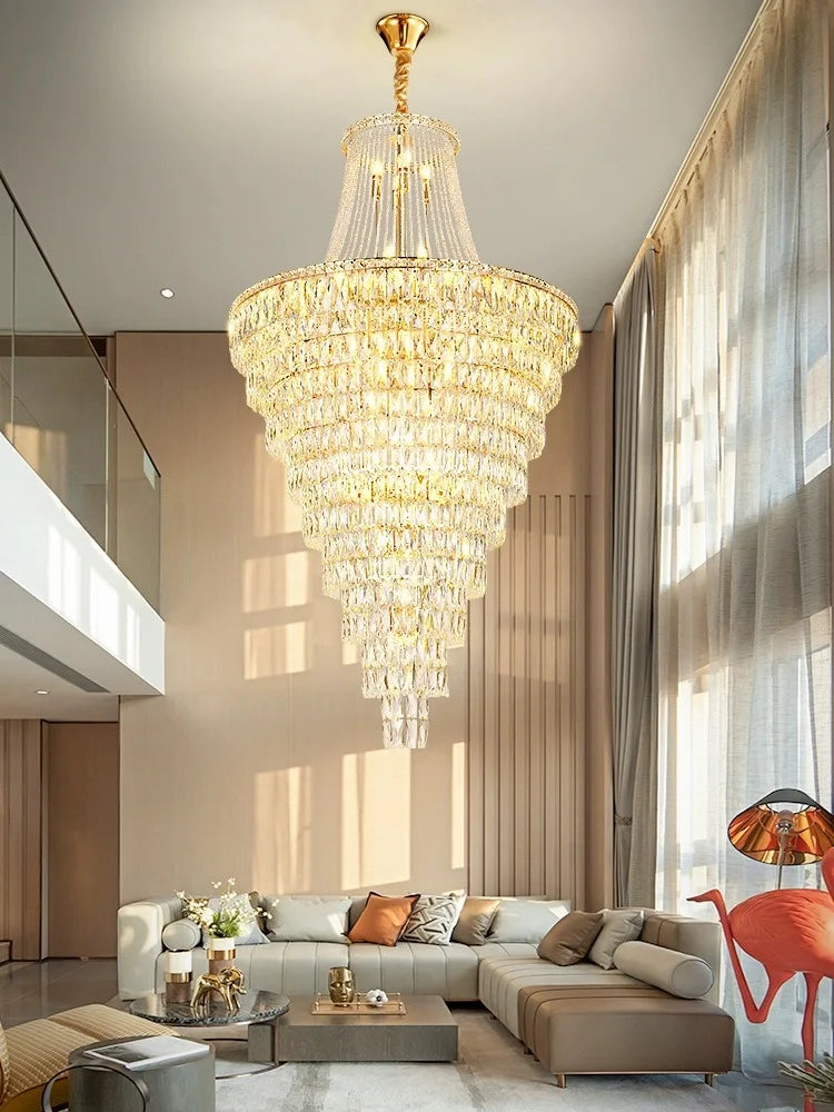 Afralia™ Luxe Golden Crystal Chandelier for Hotel Lobby, Living Room & Staircase