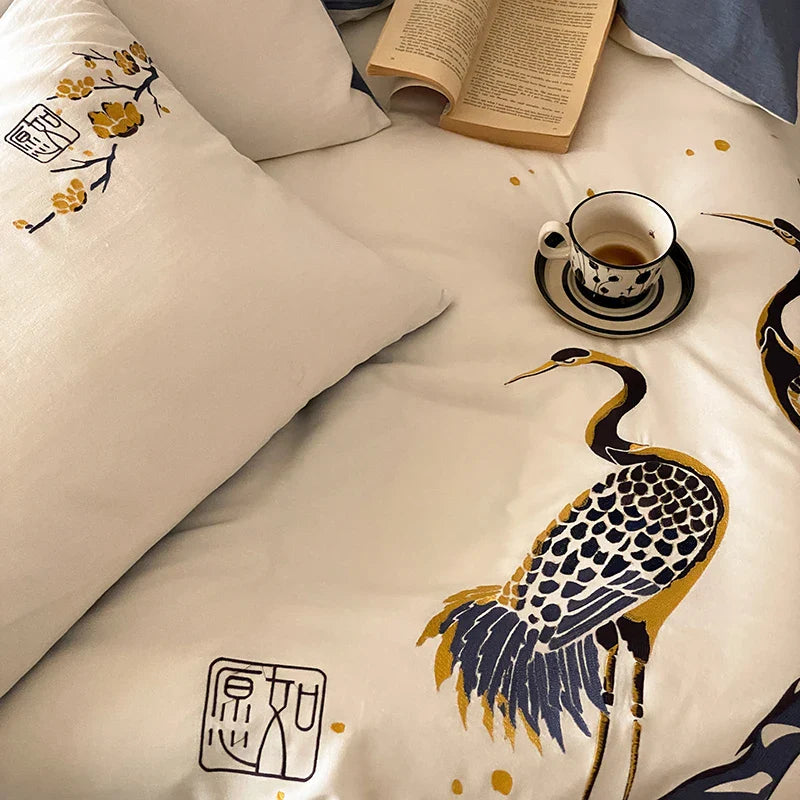 Afralia™ Red-crowned Crane Embroidery Bedding Set, 40S Washed Cotton, Soft & Skin Friendly