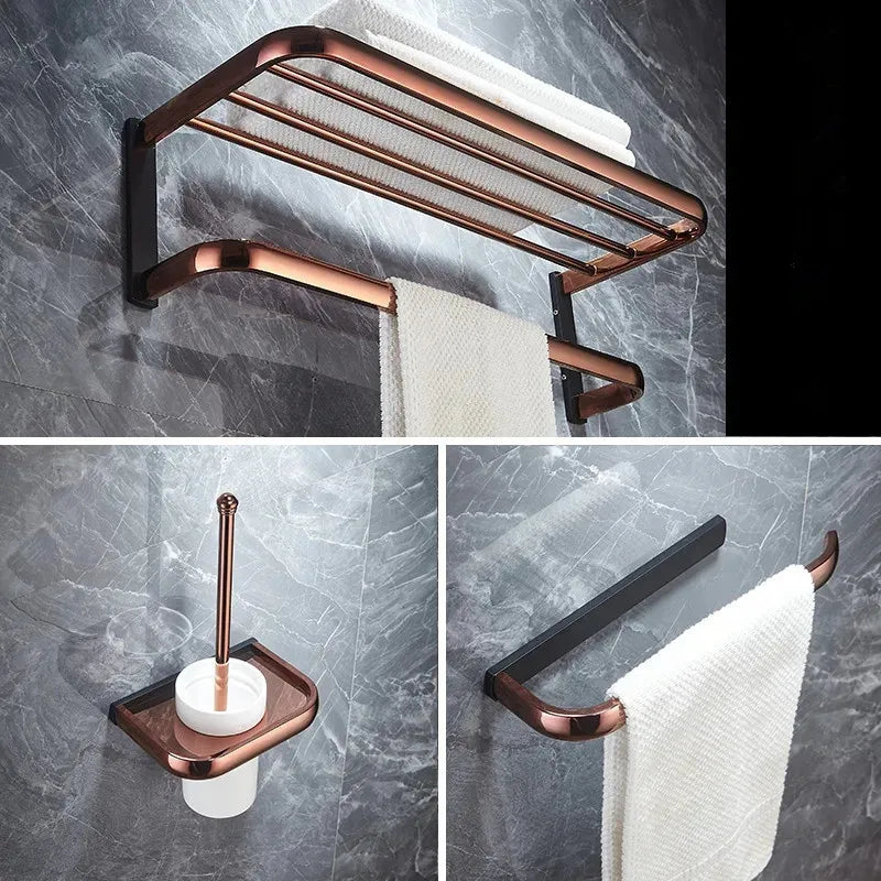 Afralia™ Rose Gold Black Bathroom Hardware Set: Towel Rack, Shelf, Paper Holder, Towel Holder, Toilet Brush Holder