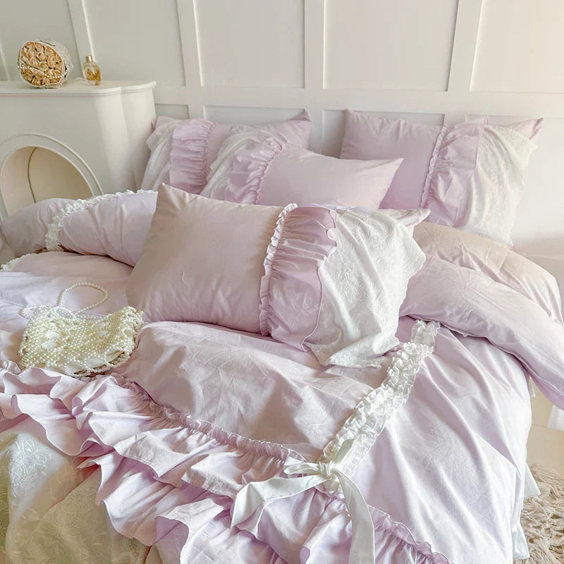 Afralia™ Korean Lace Ruffles Cotton Bedding Set - Sweet Girl Design