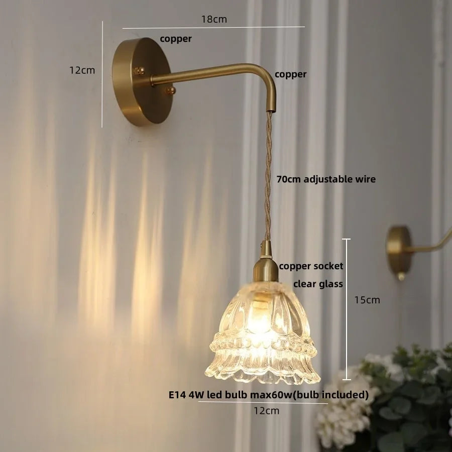 Afralia™ Amber Glass LED Wall Light Pull Chain Switch Modern Flower Sconce