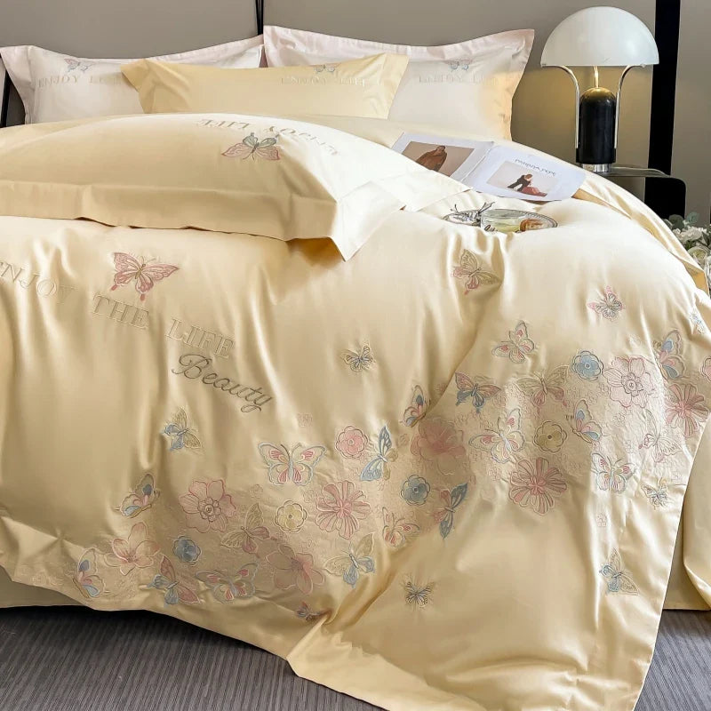 Afralia™ Luxury Butterfly Flowers Embroidery White/Pink Bedding Set