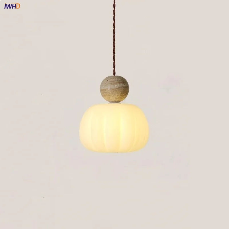 Afralia™ Wabi Sabi Yellow Travertine LED Pendant Lamp Wood Hanging Lights