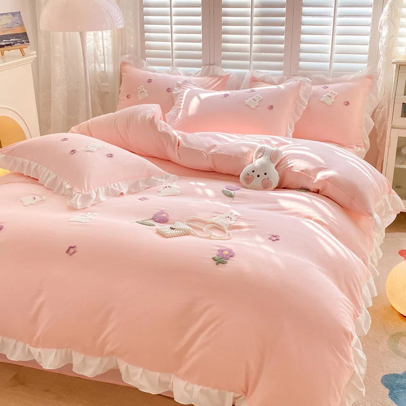 Afralia™ Cartoon Princess Embroidered Cotton Bedding Set for Adult Girls