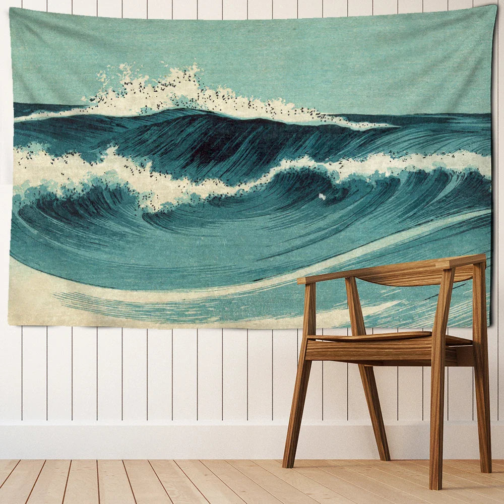 Afralia™ Blue Wave Oil Painting Tapestry Wall Hanging for Bohemian Style Room Decor