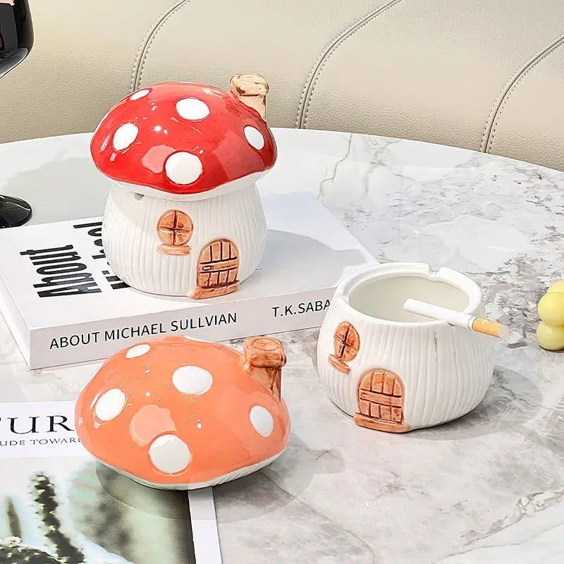 Afralia™ Mushroom Ceramic Ashtray with Lid – Home Art Decor, Countertop Ornament & Gift