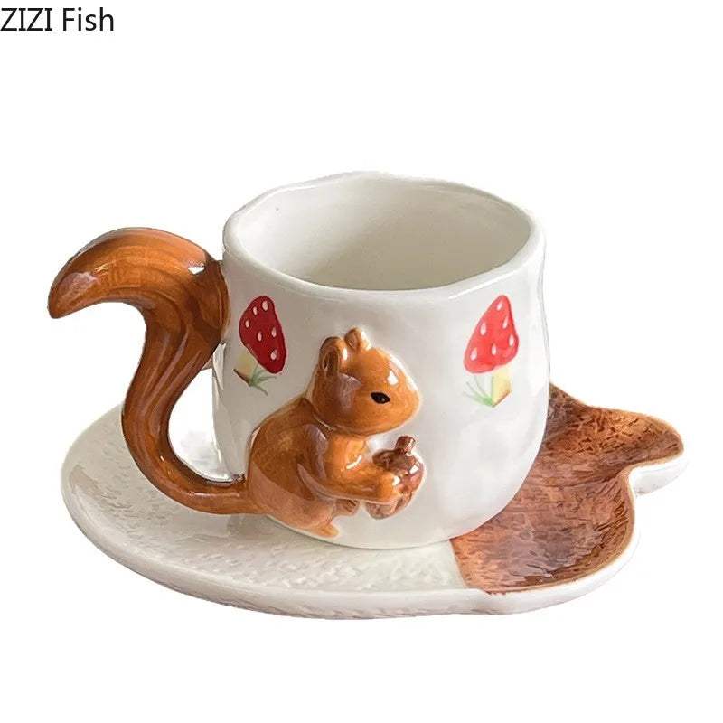 Afralia™ Porcelain Maple Leaf Cup & Saucer Set - Squirrel Design