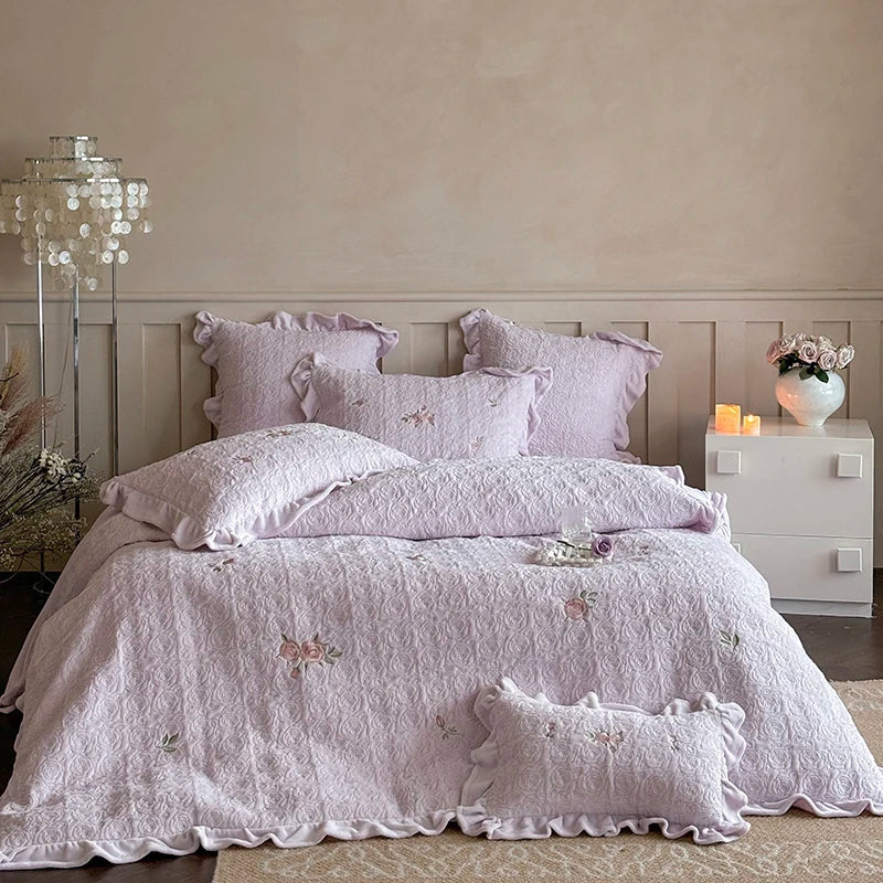 Afralia™ Pink Winter Milk Velvet Floral Ruffles Bedding Set