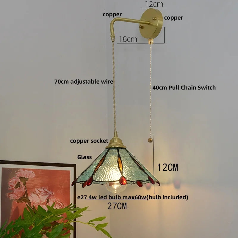 Afralia™ Glass Brass LED Wall Sconce Pull Chain Switch Vintage Vanity Light