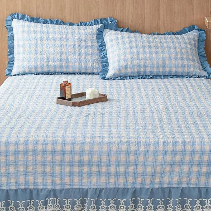 Afralia™ Oversized Printed Bed Skirt Pad Cover with Lace Edge, Cotton Mattress Topper