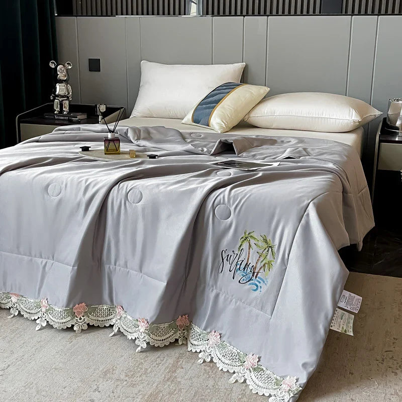 Afralia™ Lace Edge Flowers Embroidery Cool Blanket for Bed - Machine Washable Summer Quilt