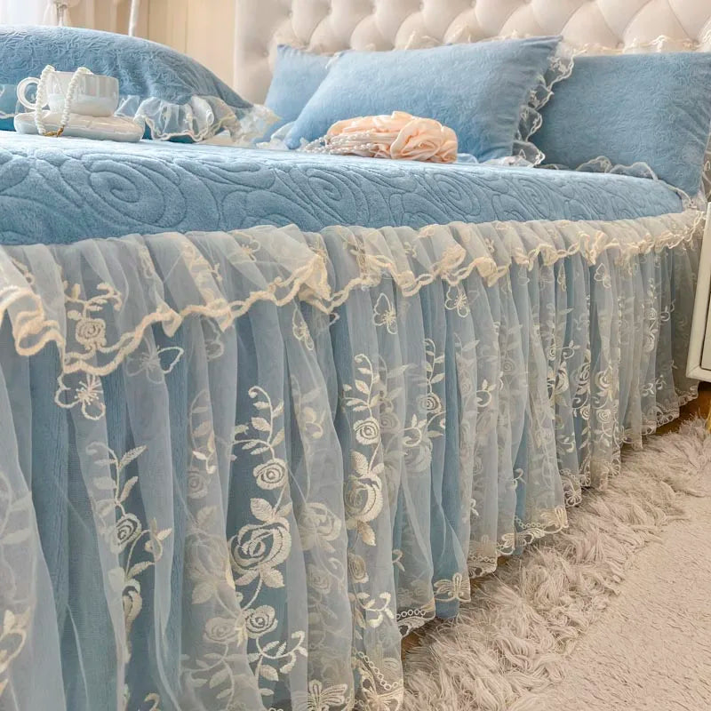 Afralia™ Lace Princess Bedding Set with Velvet Bed Skirt & Quilt Cover